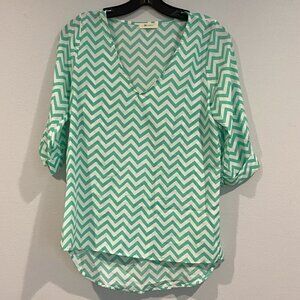 Everly Teal and White Striped Blouse 3/4 Sleeve - Size Small